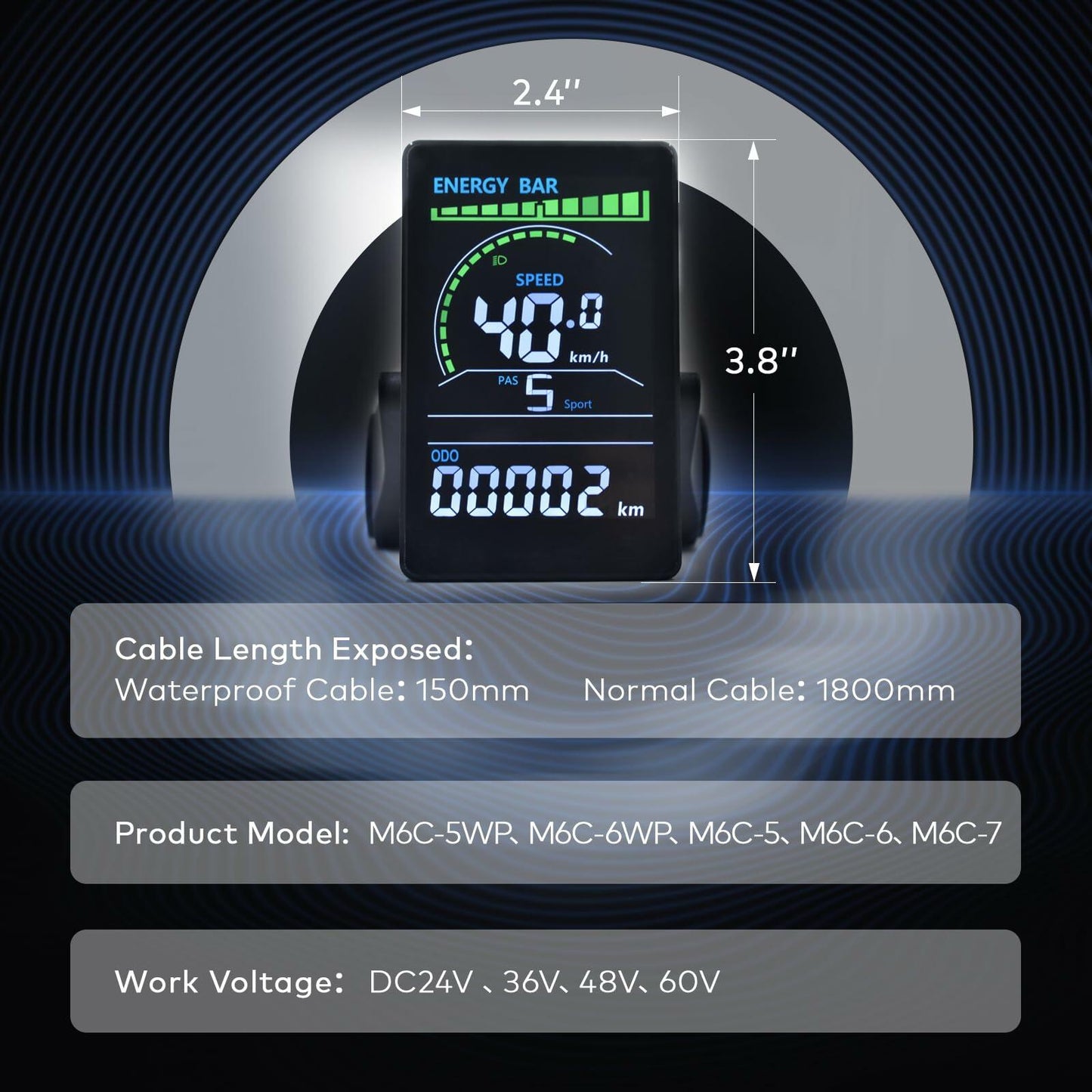 Mcezdy Ebike LCD Display UART No.2 24V-60V Colorful Acrylic Black