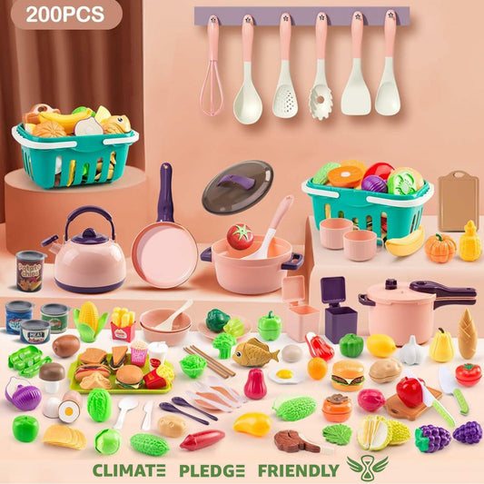 Bruvoalon 200Pcs Mini Play Kitchen Accessories Set Pink ABS Cookware Tableware