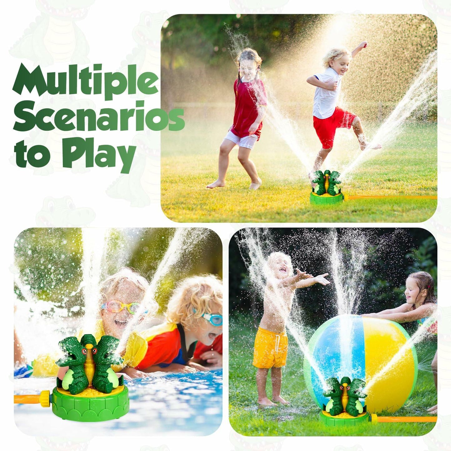 wodiguig Dinosaur Kids Water Sprinkler Green with Rotating Nozzles Hose
