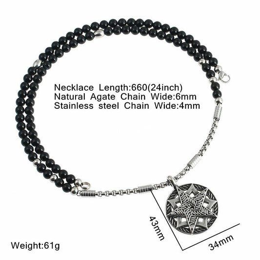 BLEUM CADE Black Agate Stone Necklace Double Pentagram Pendant