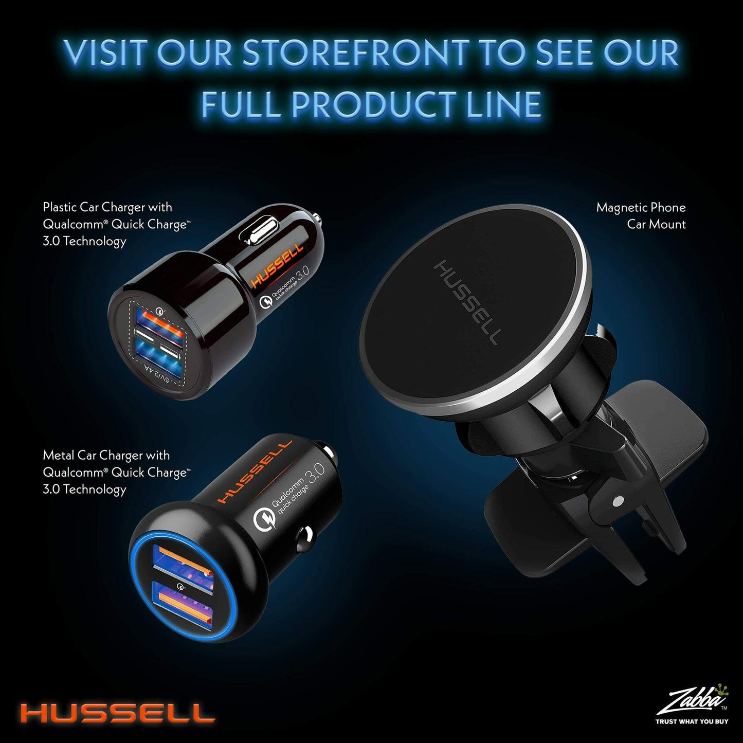 HUSSELL Car Charger Adapter 3.0 Fast Charge Dual USB Ports Black