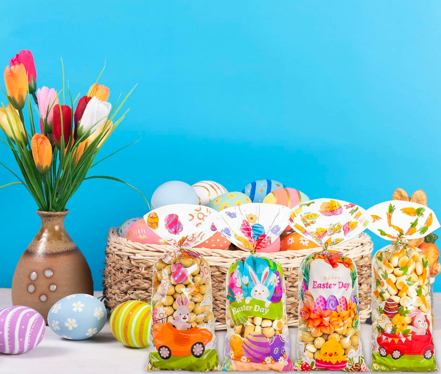 ABTOLS 100PCS Easter Cellophane Treat Bags Colorful Plastic Bunny 7x10in