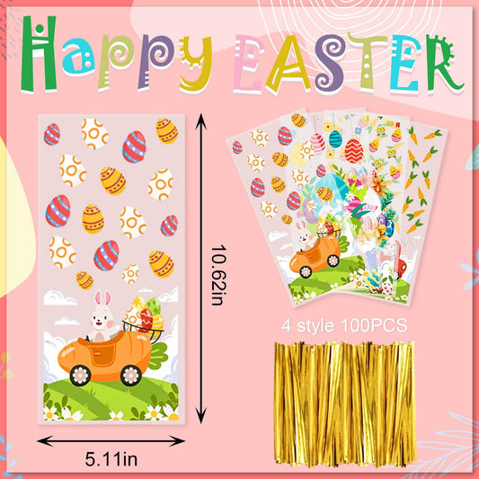 ABTOLS 100PCS Easter Cellophane Treat Bags Colorful Plastic Bunny 7x10in