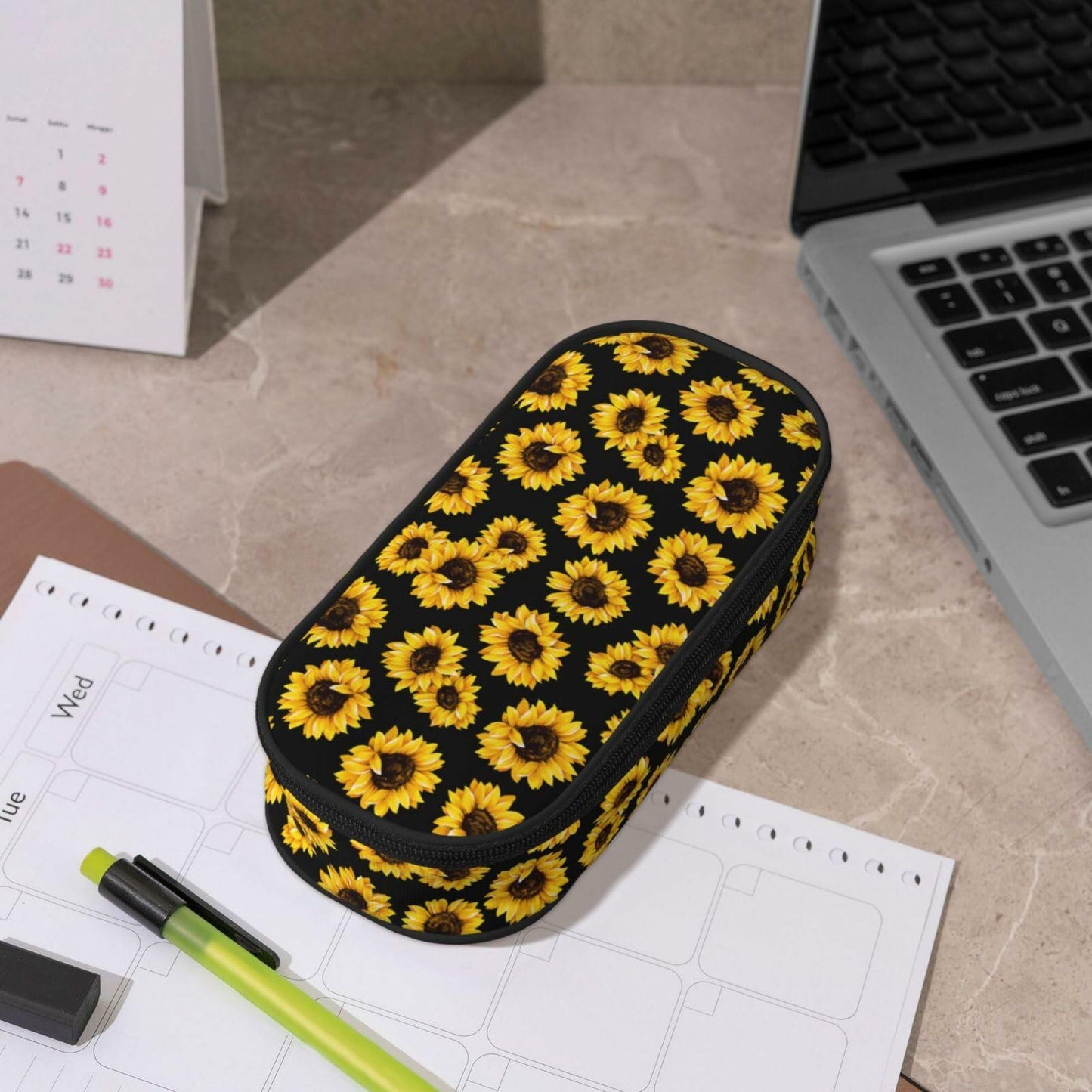 VOL&BASS Sunflower Large Pencil Case Big Capacity Pen Bag Yellow Polyester