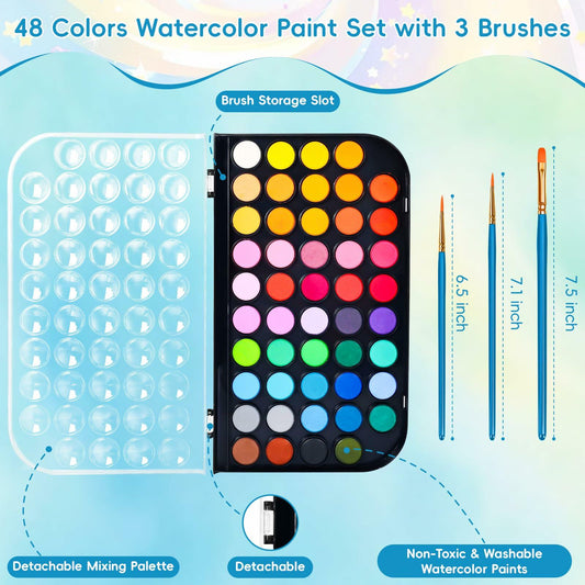 48 Color Solid Watercolor Paint Set with 3 Brushes for Kids & Artists
