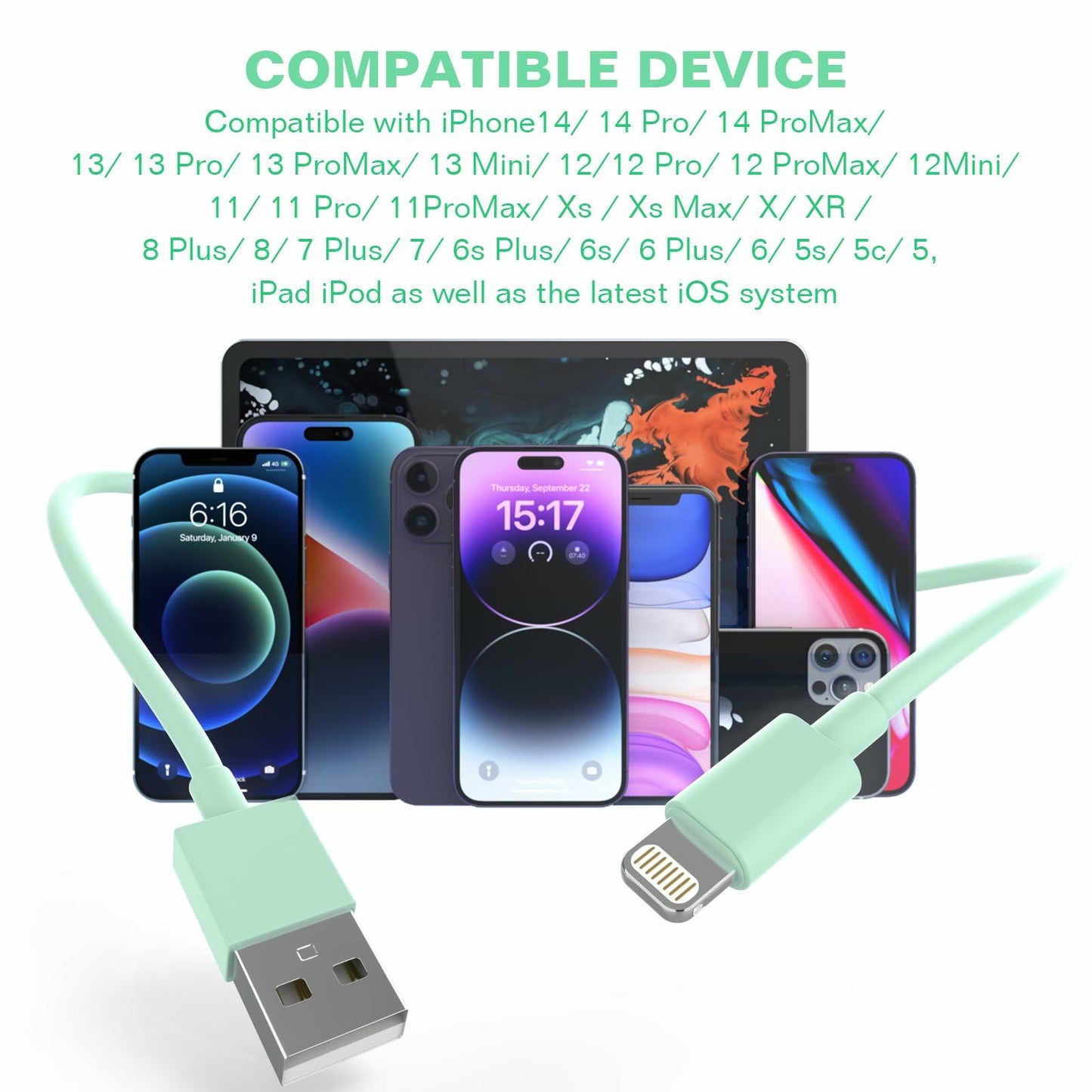 SISXSO 6Pack Apple MFi Lightning Cable Fast Charging Multicolor 3/3/6/6/6/10FT