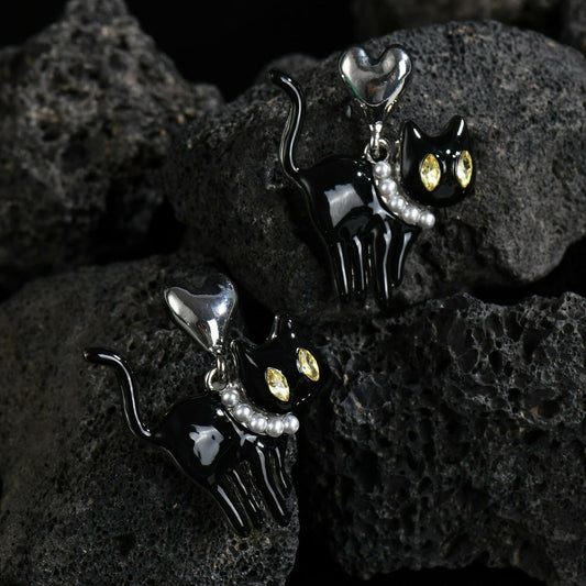 OFGOT7 Black Cat Halloween Pearl Dangle Earrings Metal Jewelry for Women