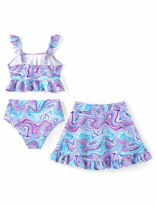 PATPAT Girls 3pcs Swimsuit Set Floral Bikini w/ Cover Up Skirt 7-8Y Blue