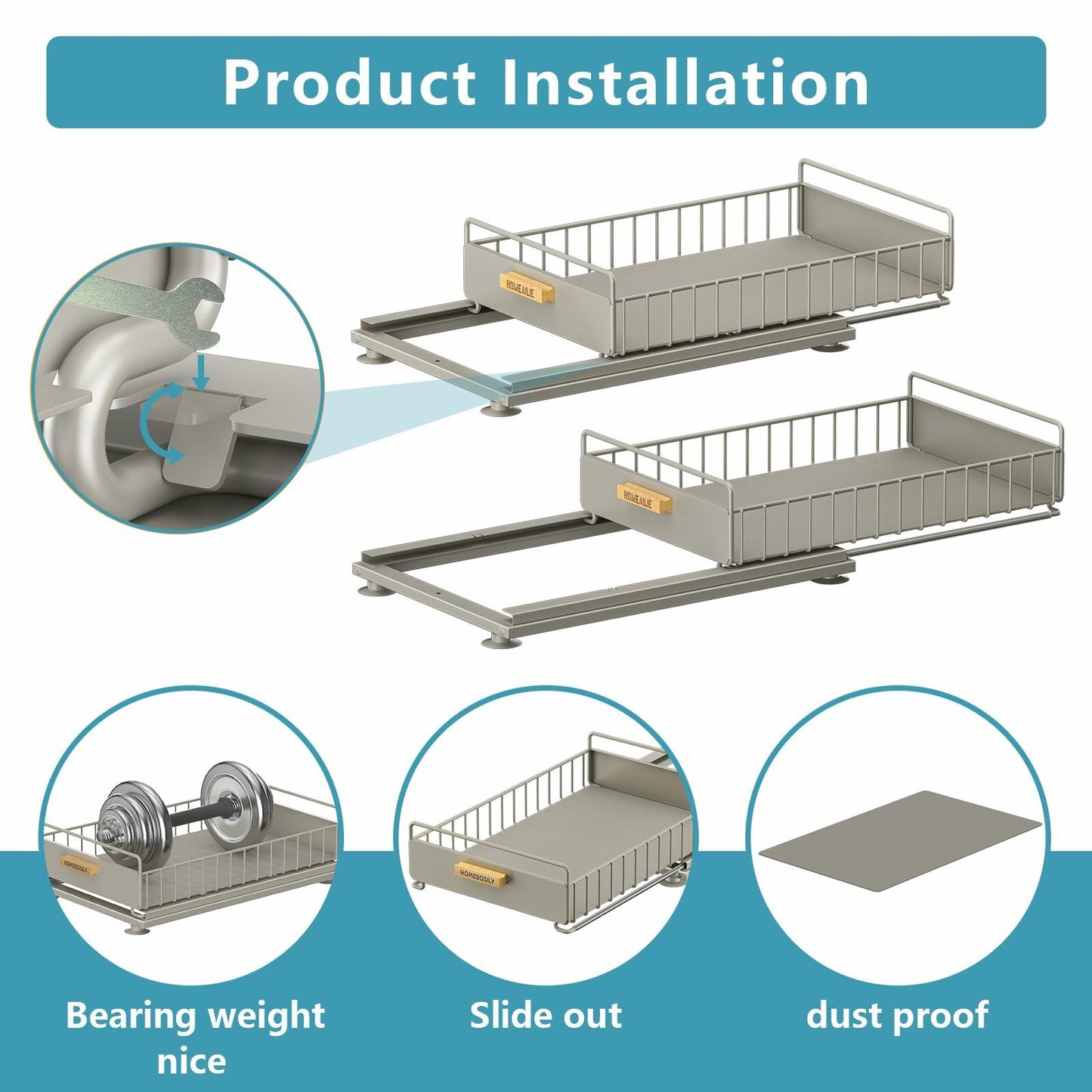 HOMEBOSILY Under Sink Organizer Cabinet Storage Shelf Sliding Drawer Gray