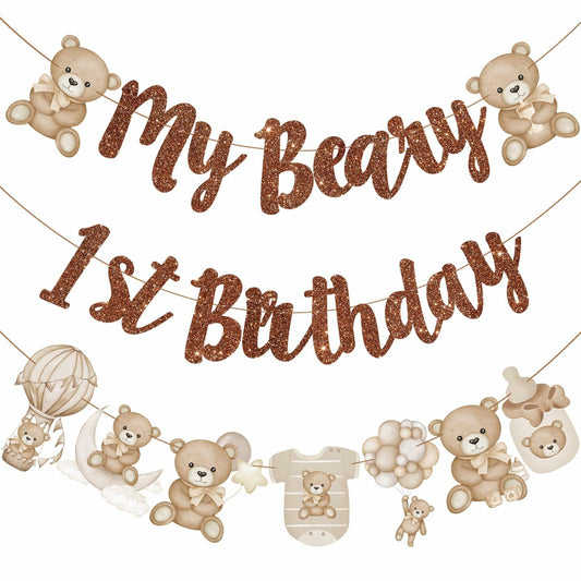 CANDY CHEF My Beary 1st Birthday Banner Set 3Pcs Brown Glitter Animals