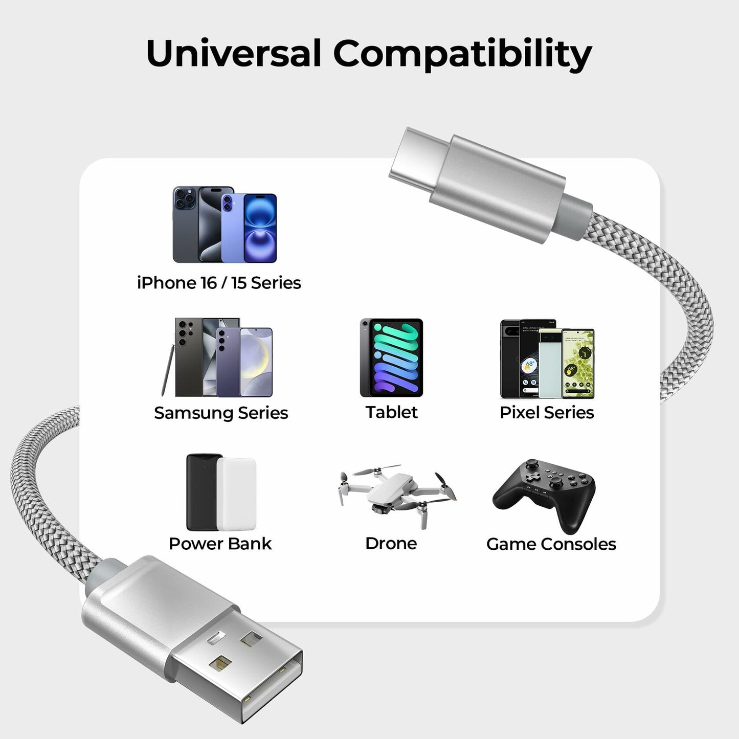 Basesailor USB to USB-C Charger Cable 6.6FT 2Pack Silver for iPhone 17 16 Pro