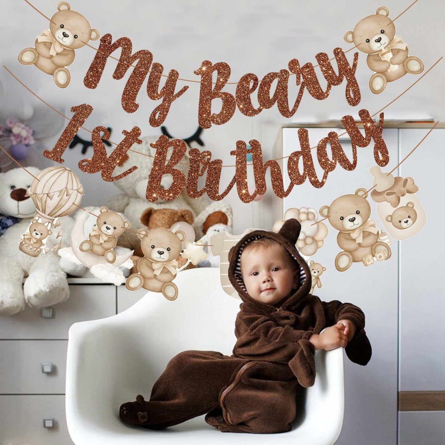 CANDY CHEF My Beary 1st Birthday Banner Set 3Pcs Brown Glitter Animals