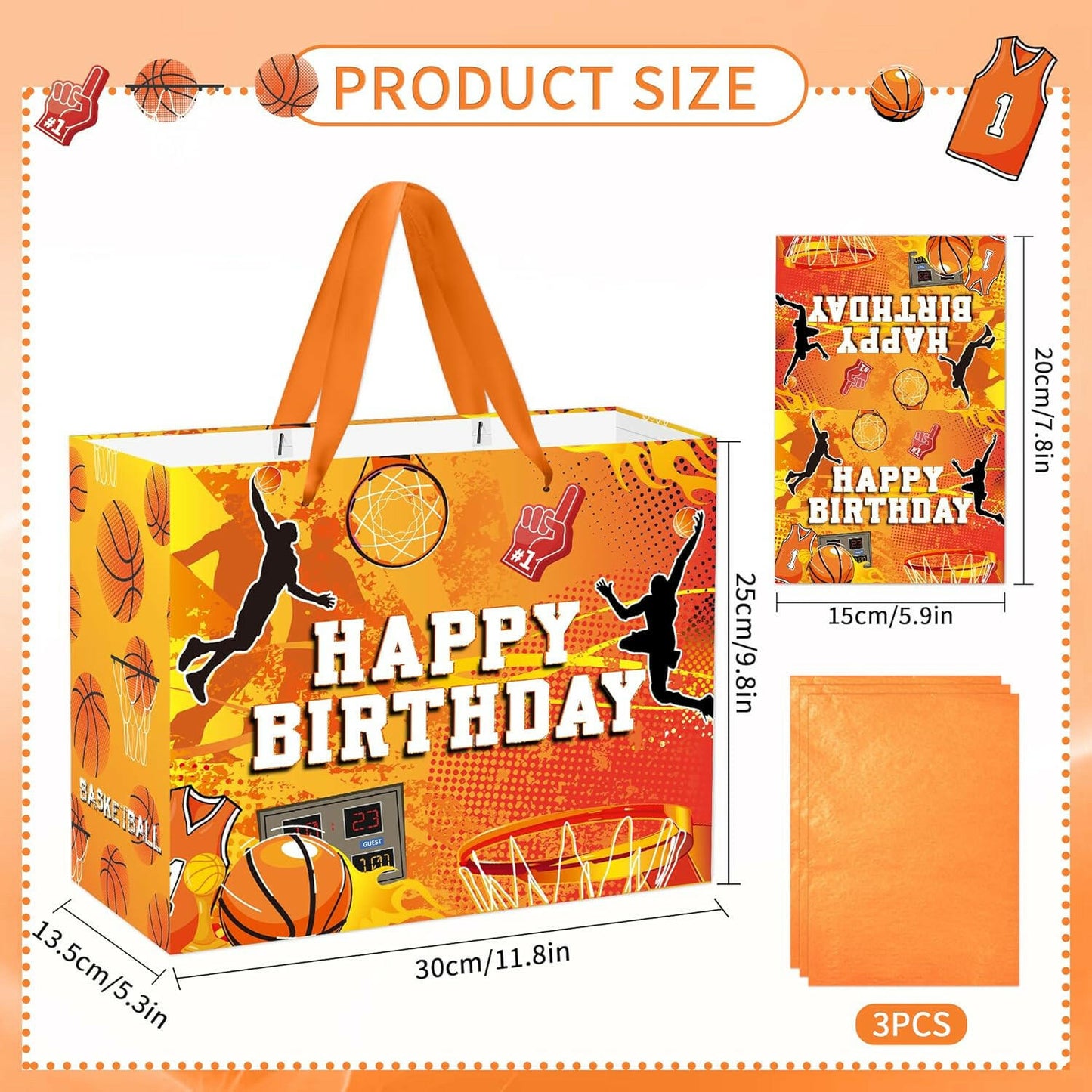 SolarGlory Orange Basketball Gift Bag Large with Handles Tissue Paper Card