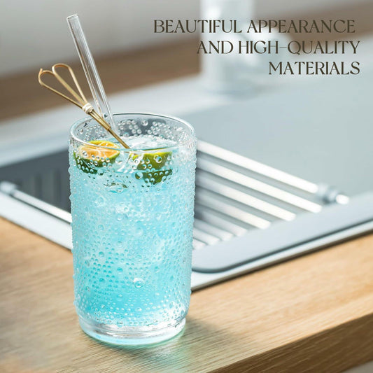 KEMORELA 6PCS Hobnail Old-Fashioned Glasses Set 15oz with Reusable Straws