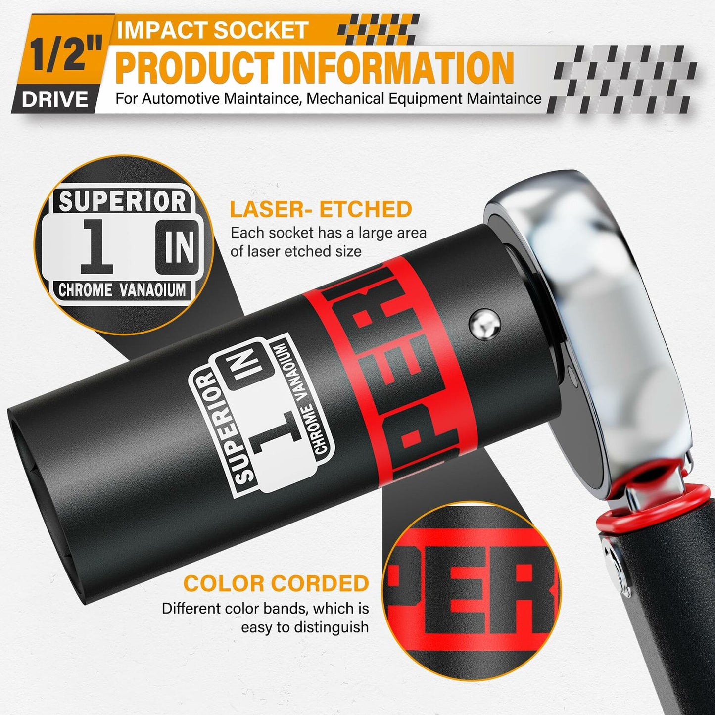 Aiourx 1/2" Drive Impact Socket 1" Deep 6 Point CR-V SAE for Car Repair