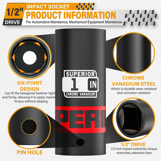 Aiourx 1/2" Drive Impact Socket 1" Deep 6 Point CR-V SAE for Car Repair