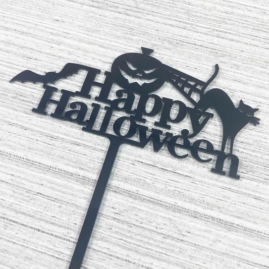 JIEEIN Happy Halloween Cake Topper Black Acrylic 1 Piece Party Décor