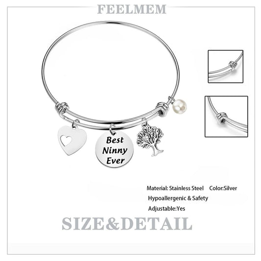 FEELMEM Best Ninny Ever Family Tree Bracelet Stainless Steel Box Chain