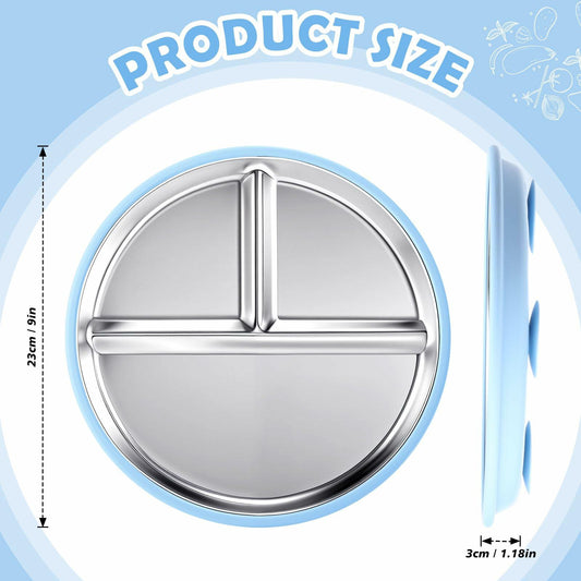 Honeydak 4Pcs Stainless Steel Toddler Plates 9" Divided Silicone Suction Morandi