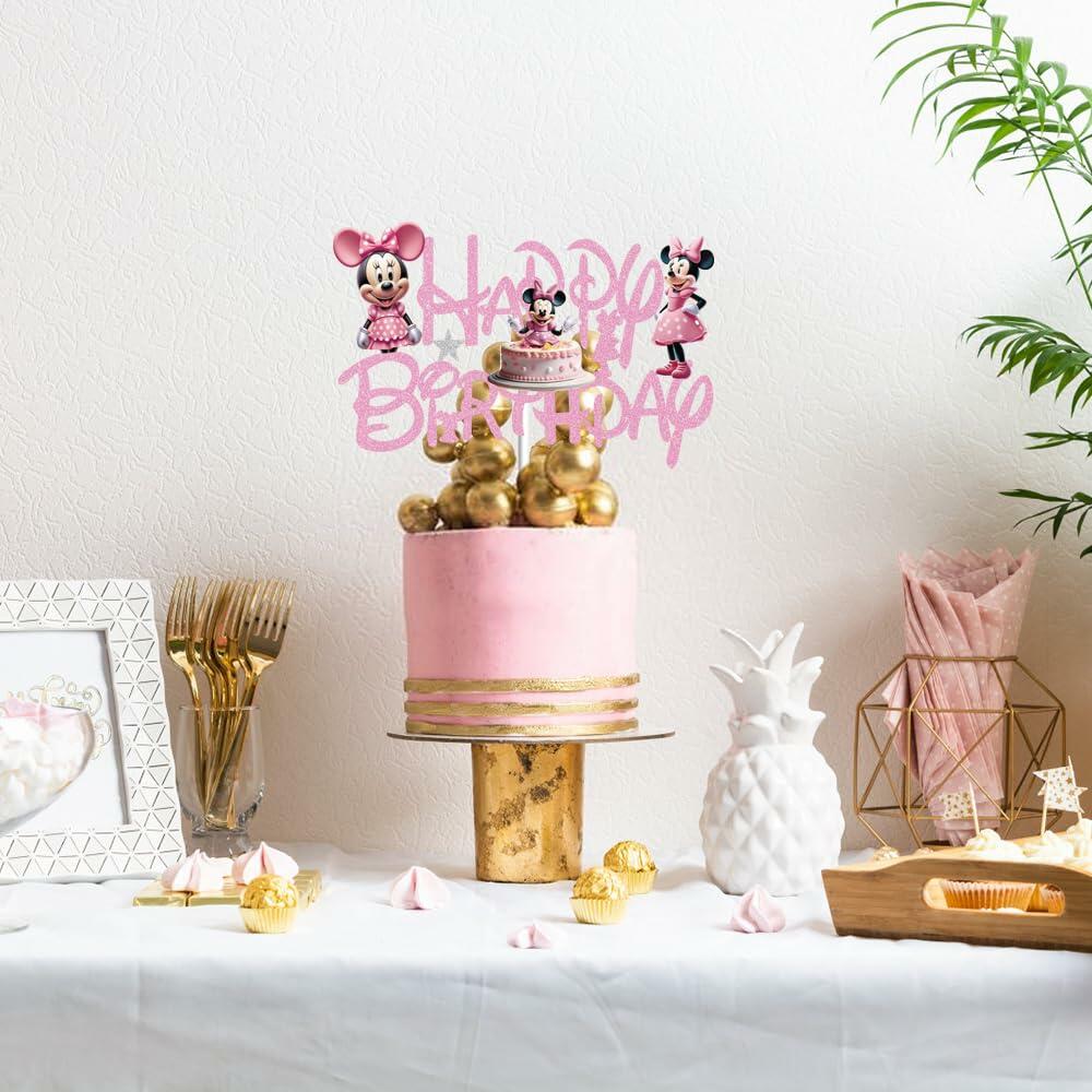 huizebaozhuang Pink Mouse Cake Topper Glitter Double-Sided Birthday Party