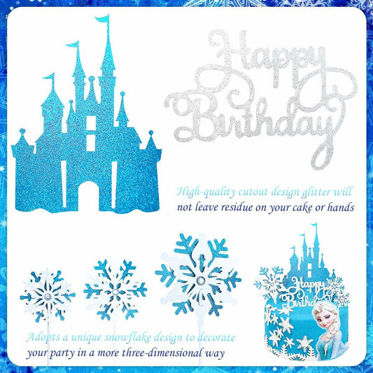 VeSidyHelo Frozen Glitter Cake Topper Set Castle Blue Sparkling 6 Counts