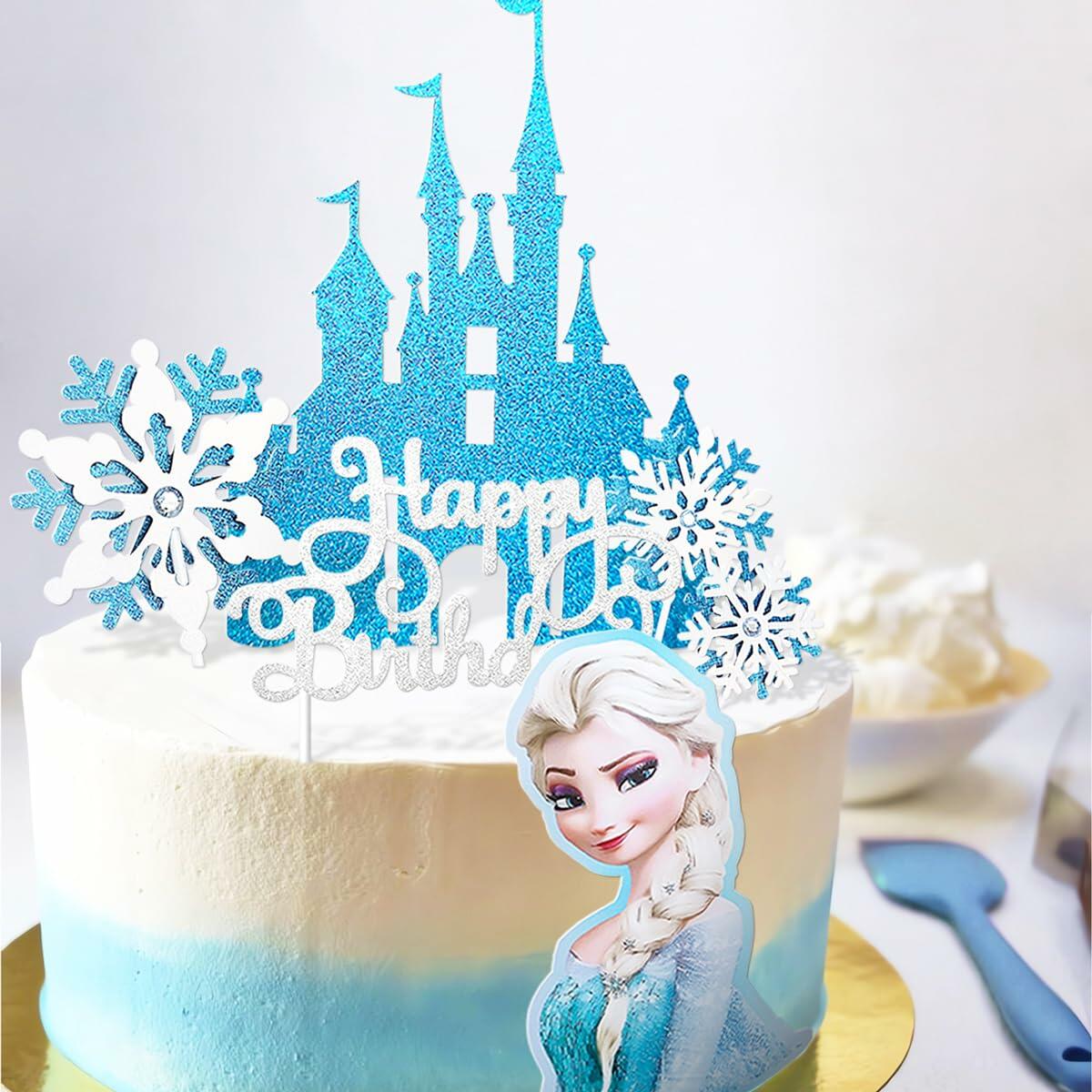 VeSidyHelo Frozen Glitter Cake Topper Set Castle Blue Sparkling 6 Counts