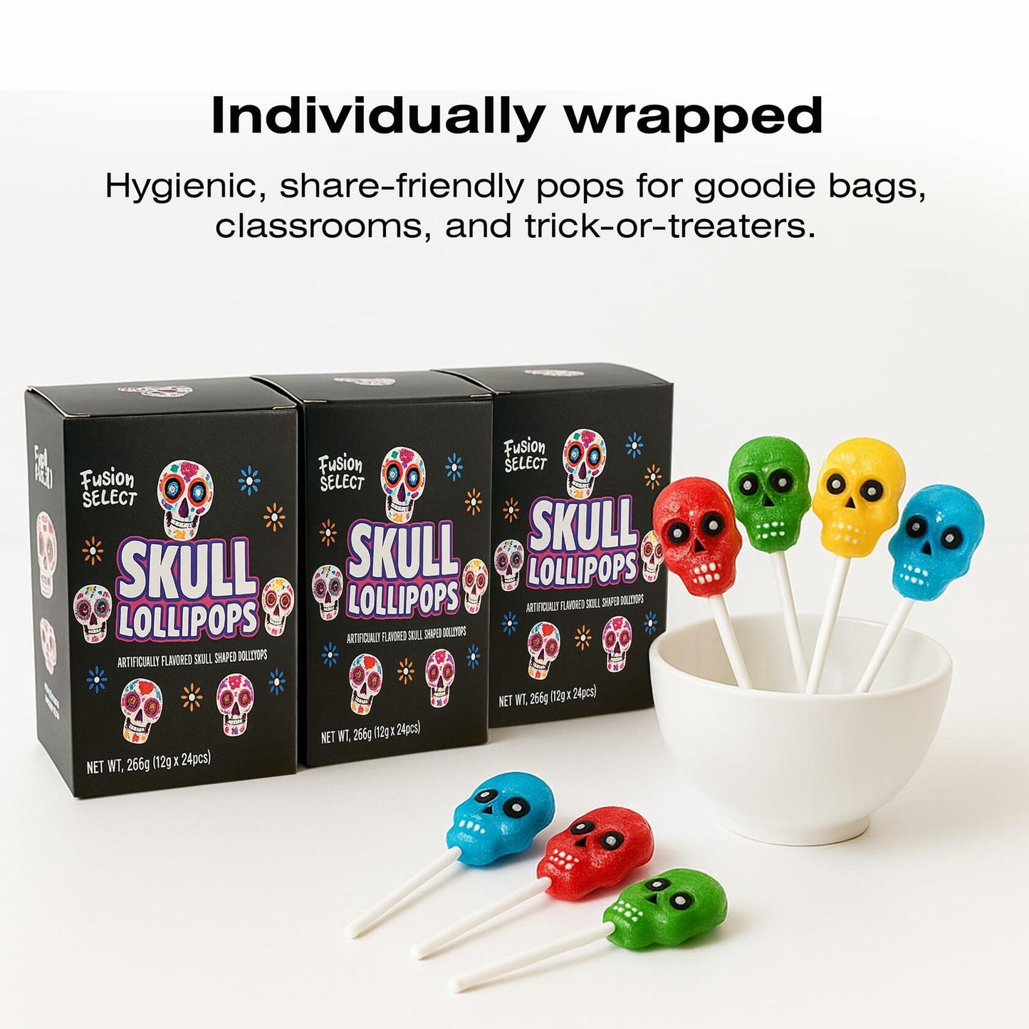 BestBy06/27 Fusion Select Sugar Skull Lollipops 24 Pc Colorful Halloween Candy