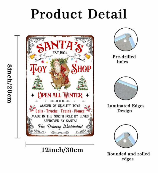 Tvdegse Santa's Toy Shop Metal Sign Retro Christmas Wall Decor 8x12 Inch
