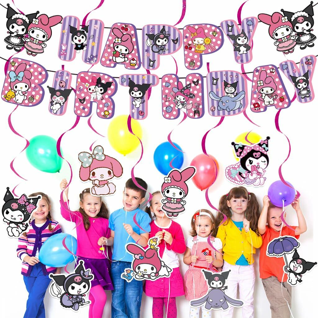 CcHLjh K Kawaii Cartoon Birthday Party Banner & 8 Purple Hanging Swirls