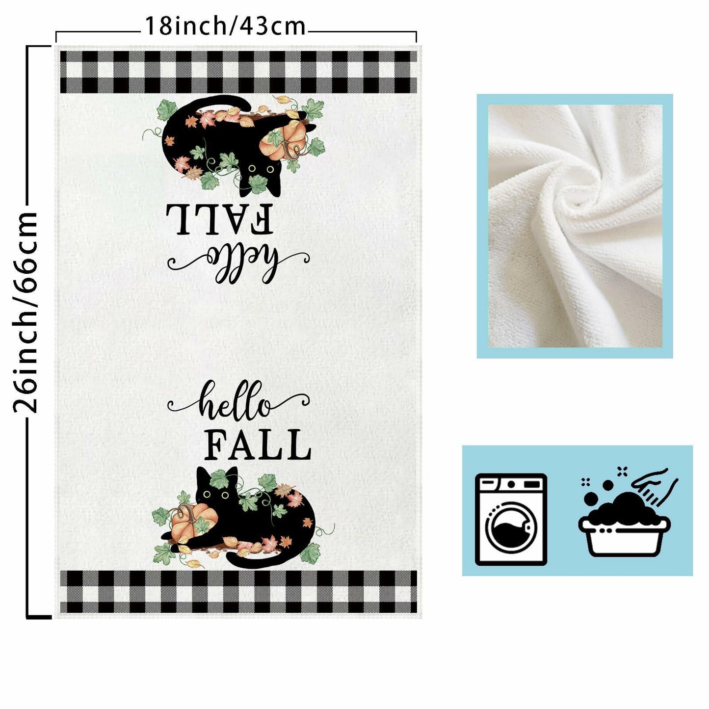 XCHI Fall Black Cat Pumpkin Plaid Kitchen Towels 18x26 Inch Set of 2