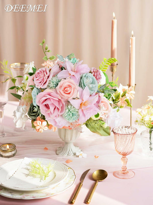 DEEMEI Artificial Pink Peach Silk Rose Peony Flowers Combo Box Set