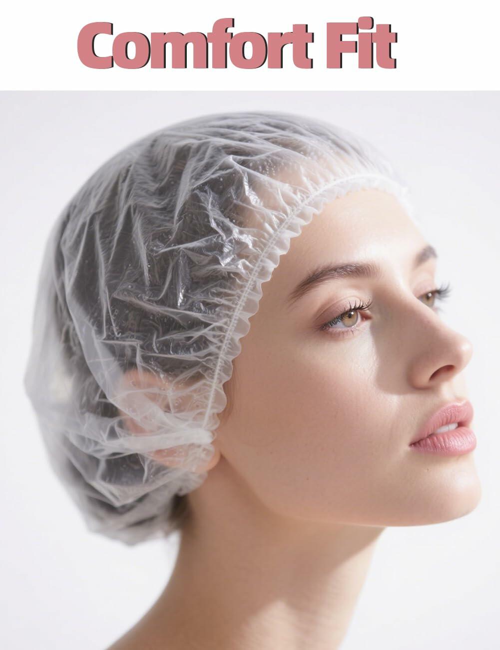 NEOWEMING 100PCS Disposable Shower Caps Thick Waterproof Clear Plastic Size L