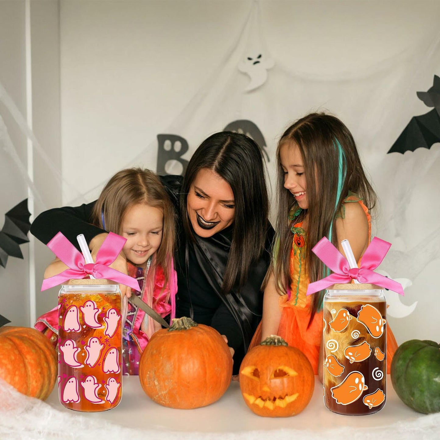 LeeSky 2 Pack Halloween Ghost Glass Tumblers 16Oz Pink Orange Lids Straws