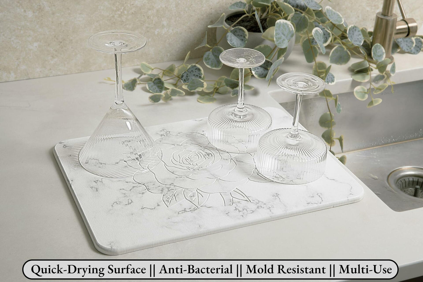 Stranor Engraved Rose Stone Drying Mat Floral 15.7x11.8 Ivory