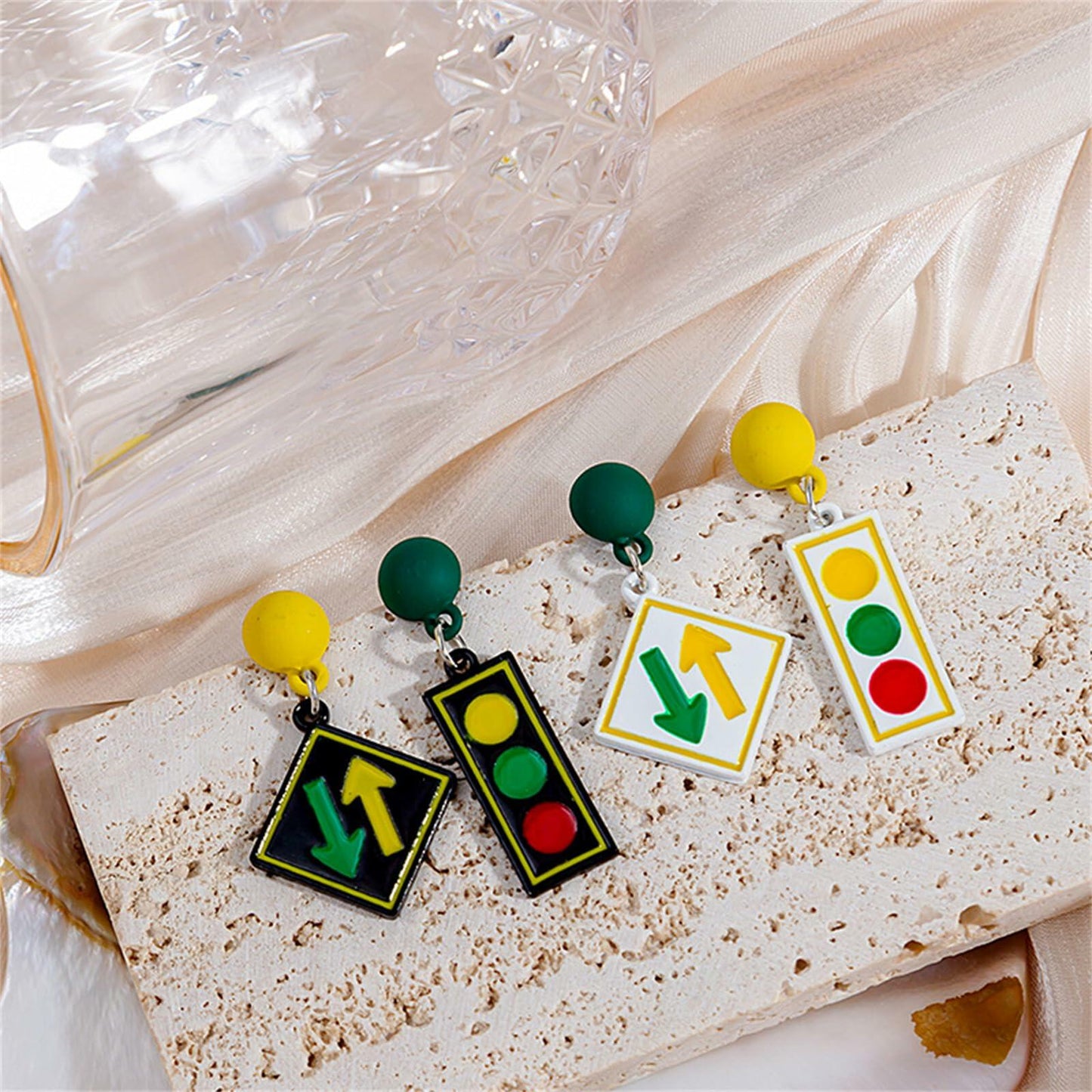 swglcowo Asymmetric Traffic Light Earrings Enamel Black White Rectangle Rhombus