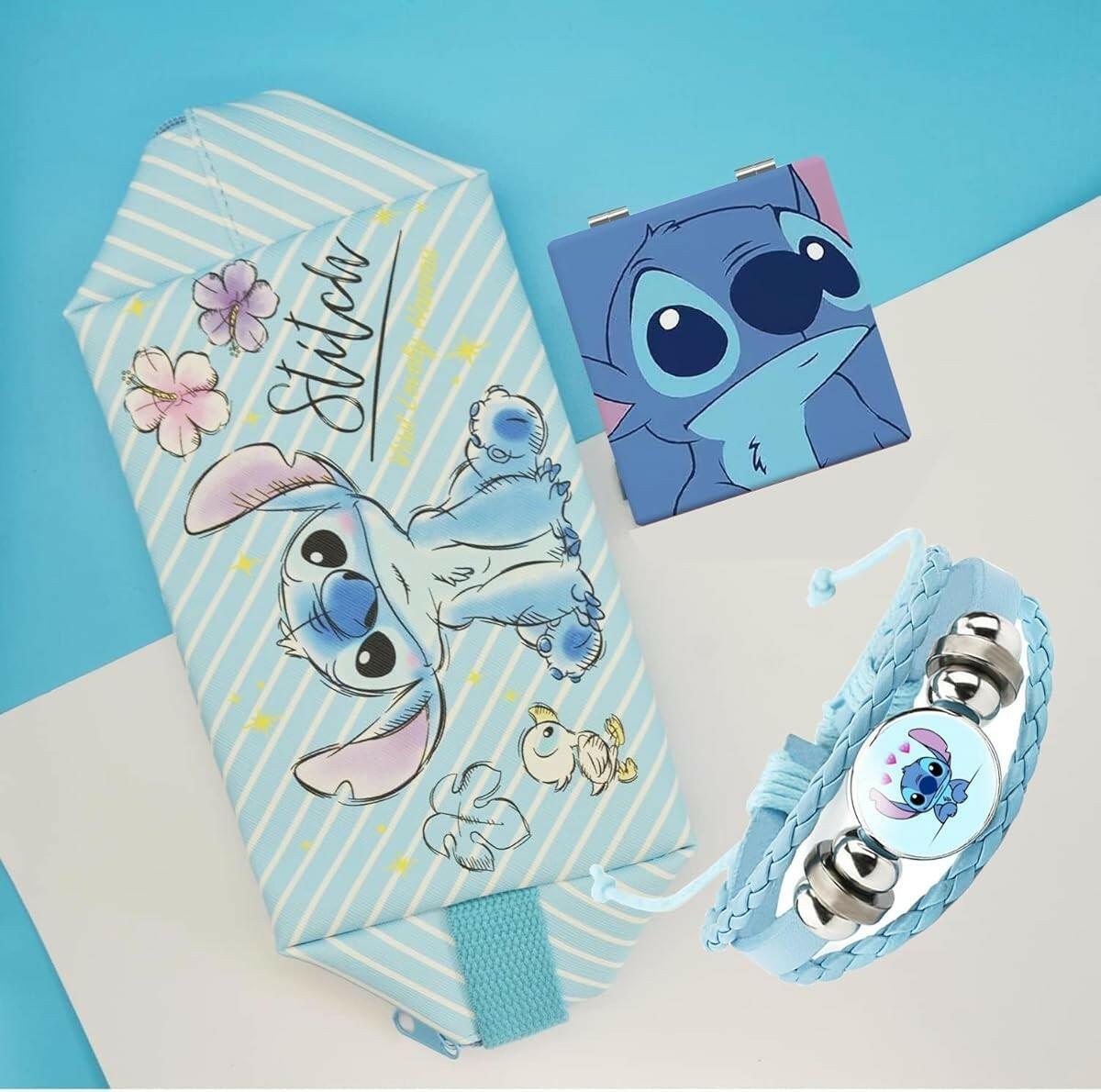 Stitch Travel Cosmetic Bag Blue Faux Leather 8.3x4x4.9in Mirror Bracelet