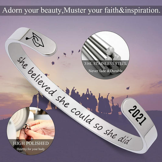Btysun Graduation Bracelet Inspirational Engraved Quote Silver 6.29"