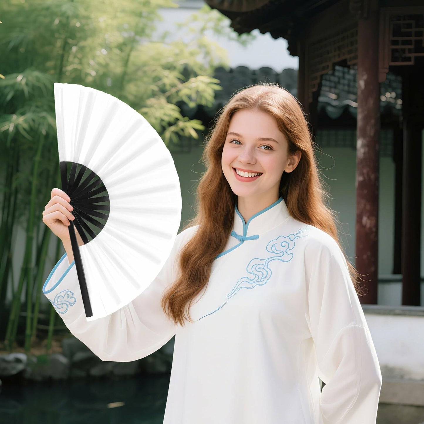 Joyclub 13" Bamboo Folding Hand Fan Large Clack Fan White for Kungfu