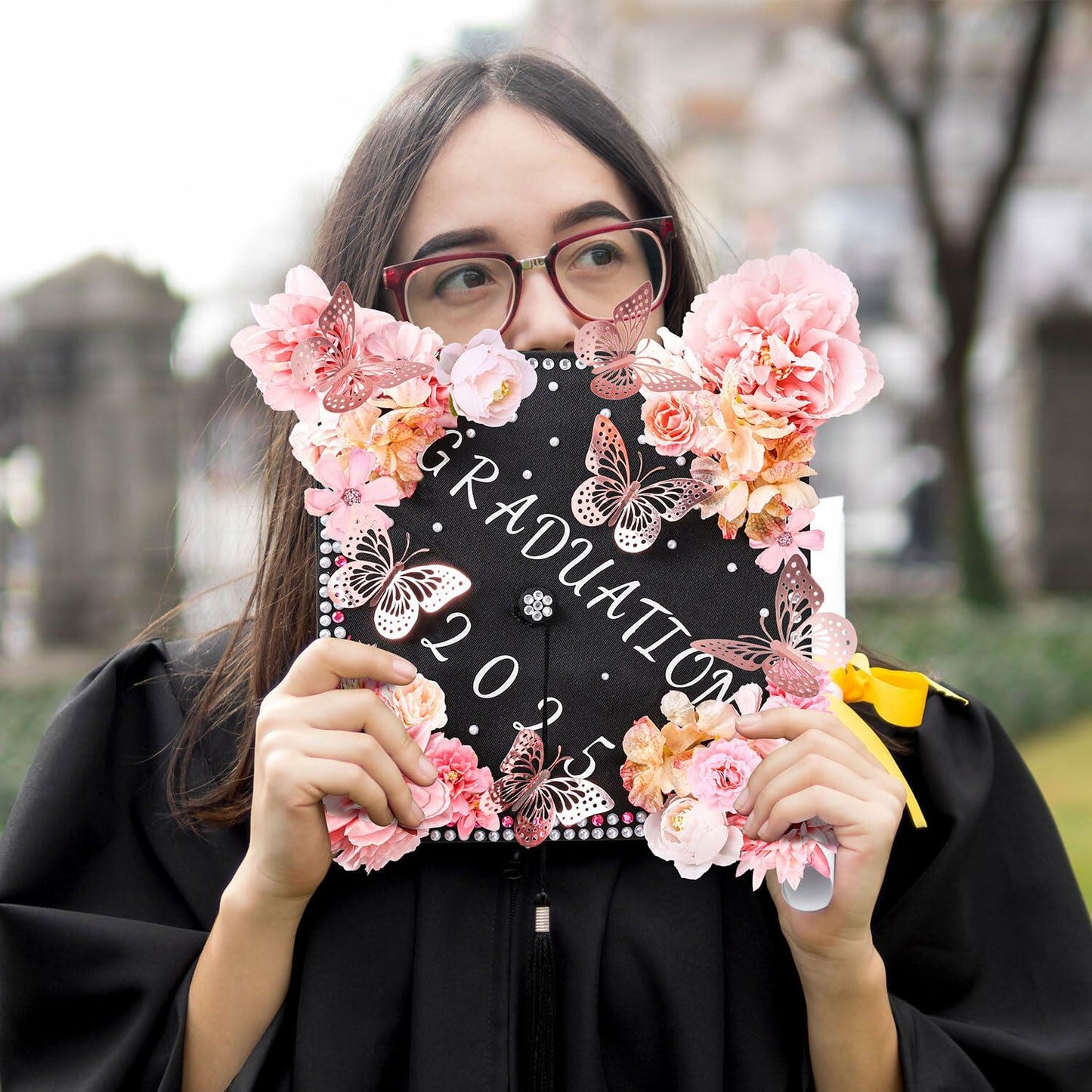 Kimkusia 2025 Graduation Cap Decorations Kit Pink Letters Flowers Topper