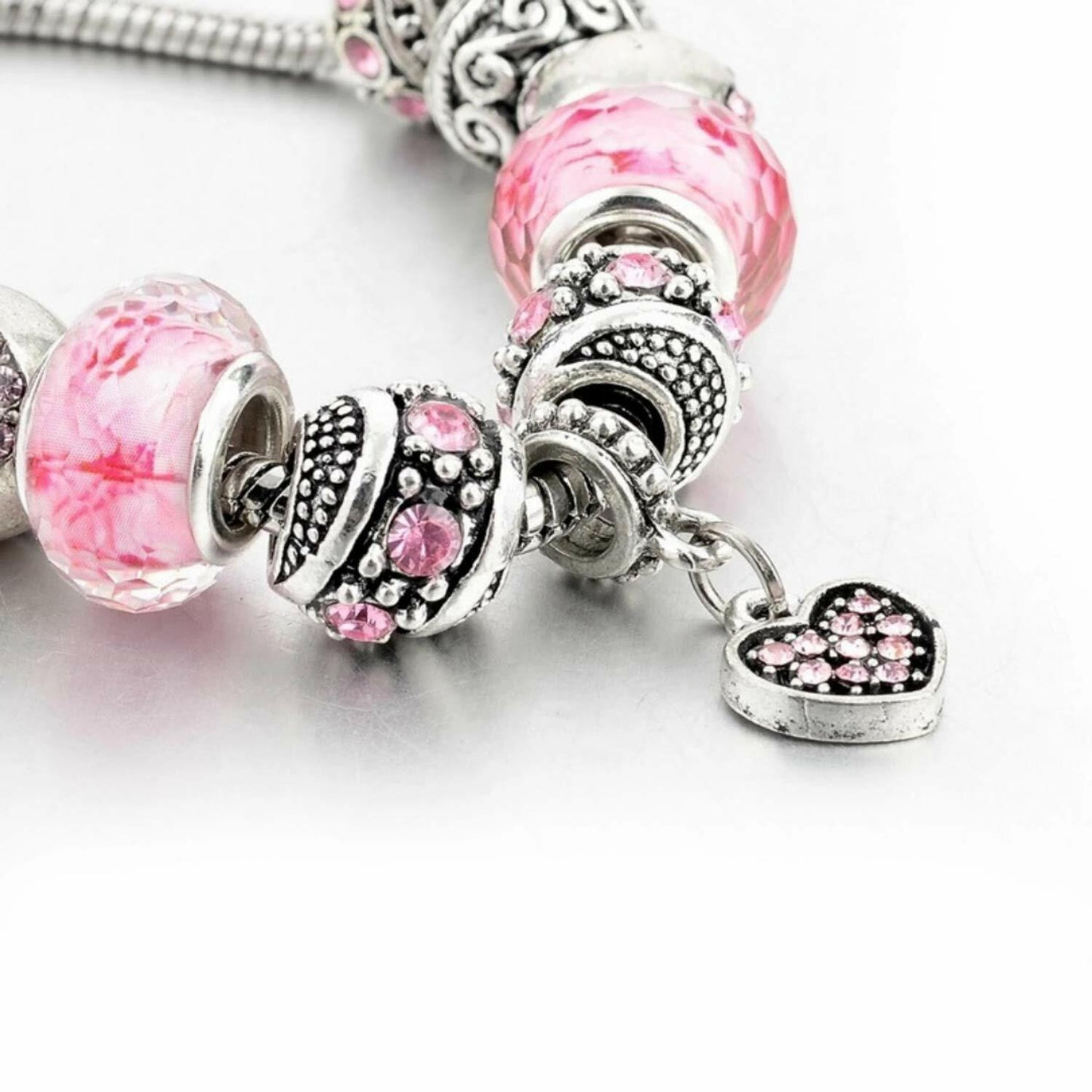 Sowist Capital Charms Silver Plated Pink Hearts Charm Bracelet Set 7.5+1.5"
