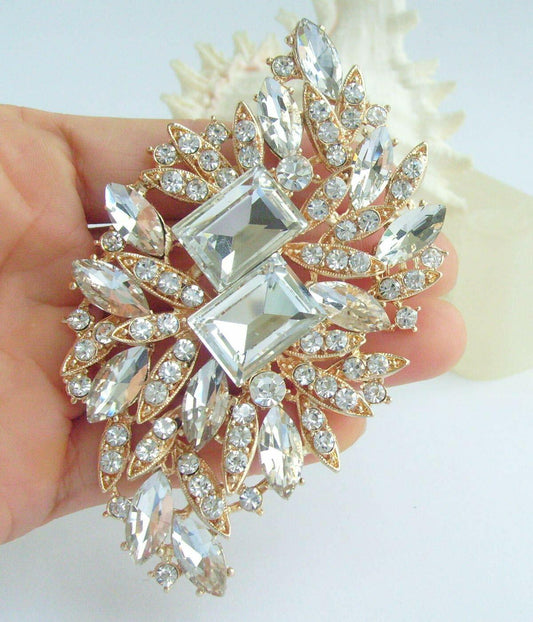 Sindary Austrian Crystal Flower Brooch Pin Gold-Tone Clear 3.94"
