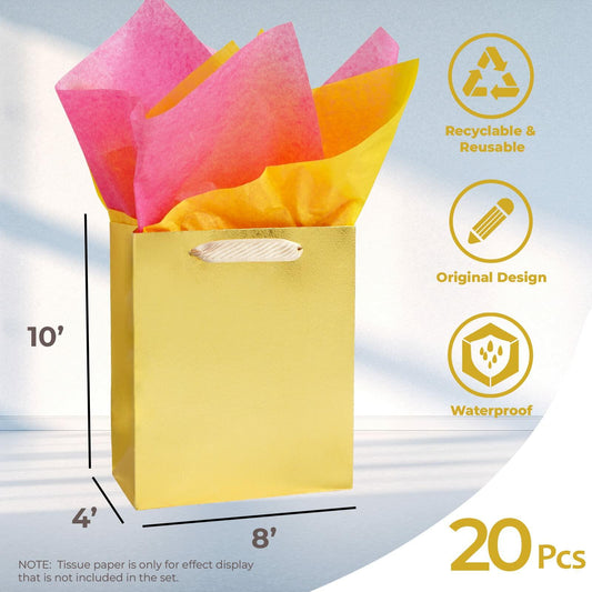 UnicoPak Gold Gift Bags 8x4x10in Glossy Embossed Medium 20 Pack