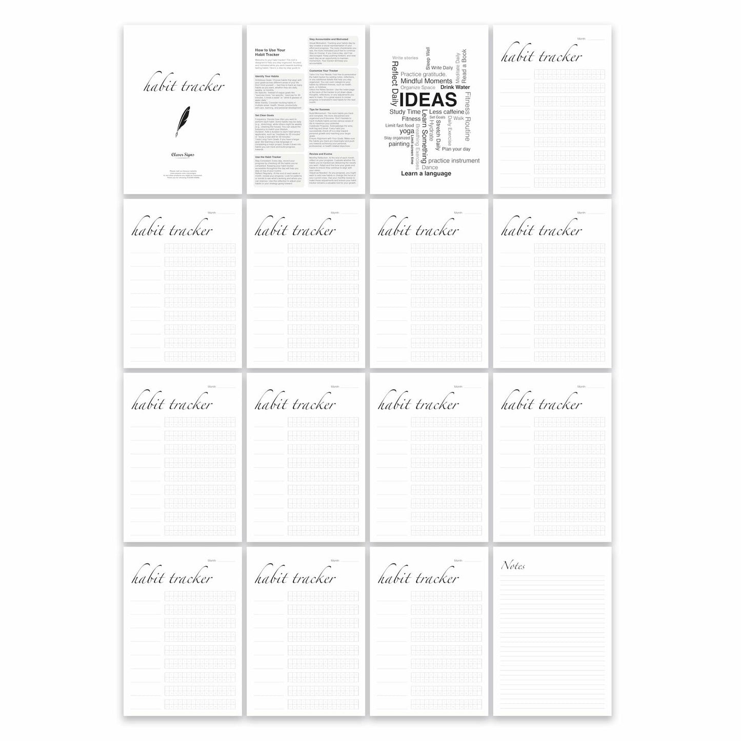 CLEVER SIGNS Habit Tracker Calendar Undated 12 Month Silver Spiral 7x10 Colorful