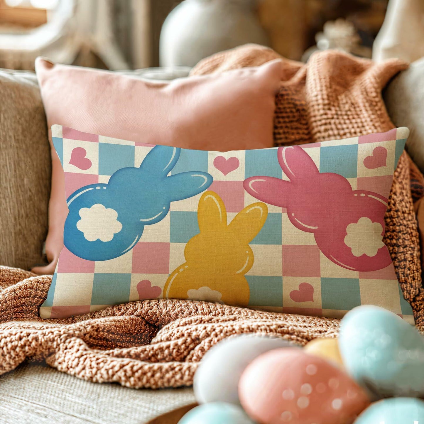 Fahrendom Easter Peeps Bunny Lumbar Pillow Cover 12x20 Colorful Rabbit
