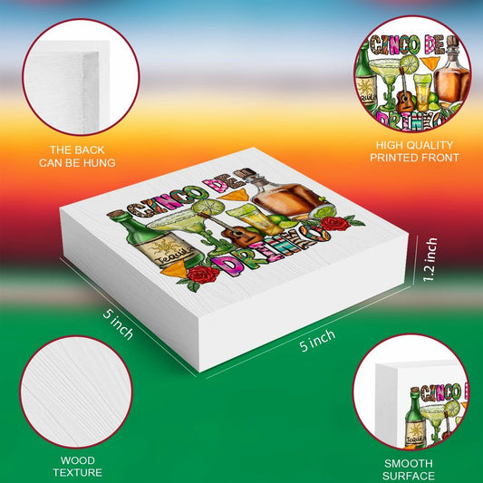MIOOKISS Cinco De Mayo Rustic Mexican Wooden Box Sign 5x5 inch Cinco De Drinko