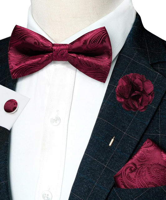 RBOCOTT Red Paisley Bow Tie Pocket Square Lapel Pin Cufflinks Set for Men