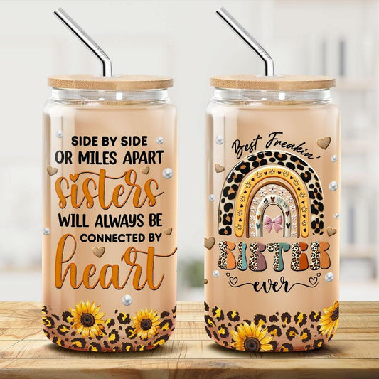 9BUTERFLY Sunflower Leopard Coffee Glass Mug 16oz Bamboo Lid Straw