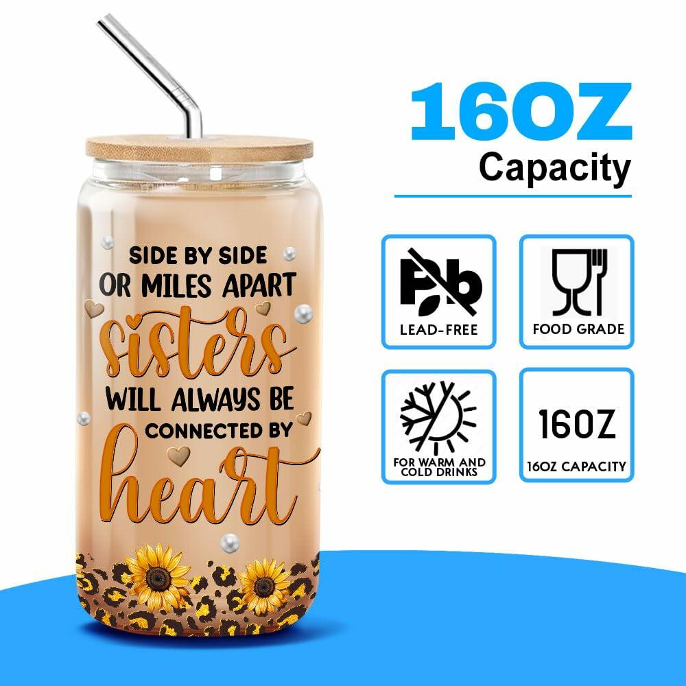 9BUTERFLY Sunflower Leopard Coffee Glass Mug 16oz Bamboo Lid Straw