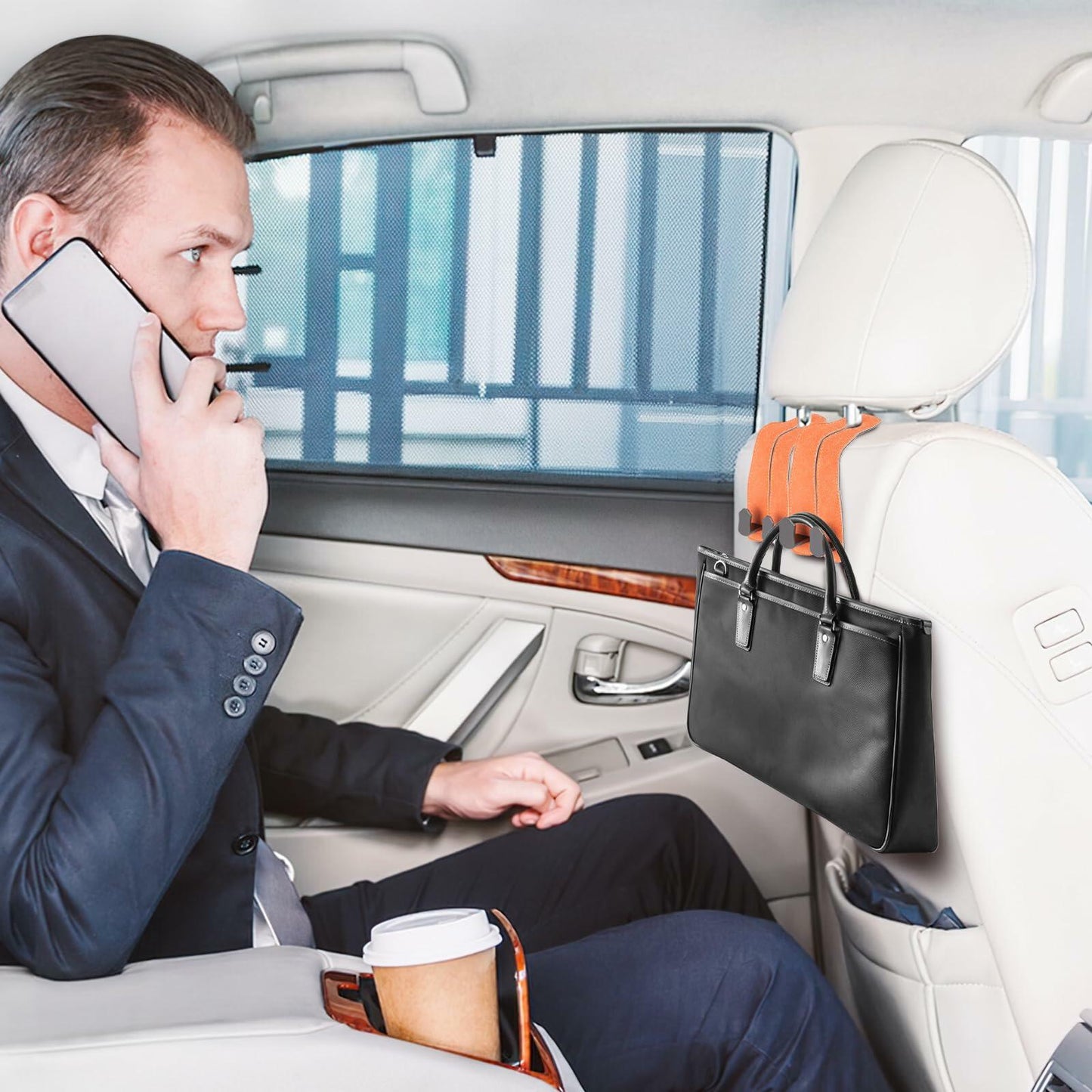 MMonDod 2 PCS Car Headrest Hooks Double Metal Holder Orange 4 Hooks