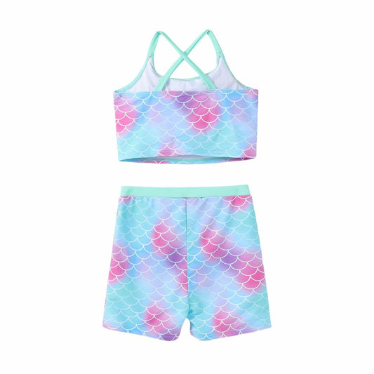 PATPAT Girls 2-Piece Tankini Swimsuit Set Light Green Fish Mermaid Size 6-7